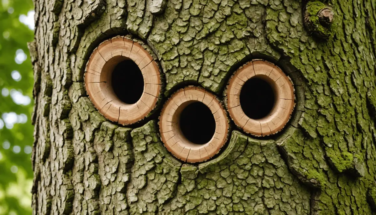 Tree bark showing pest damage holes requiring professional treatment