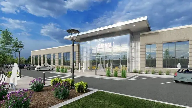 Healthcare facility walkway lined with healthy shade trees providing a calming patient environment